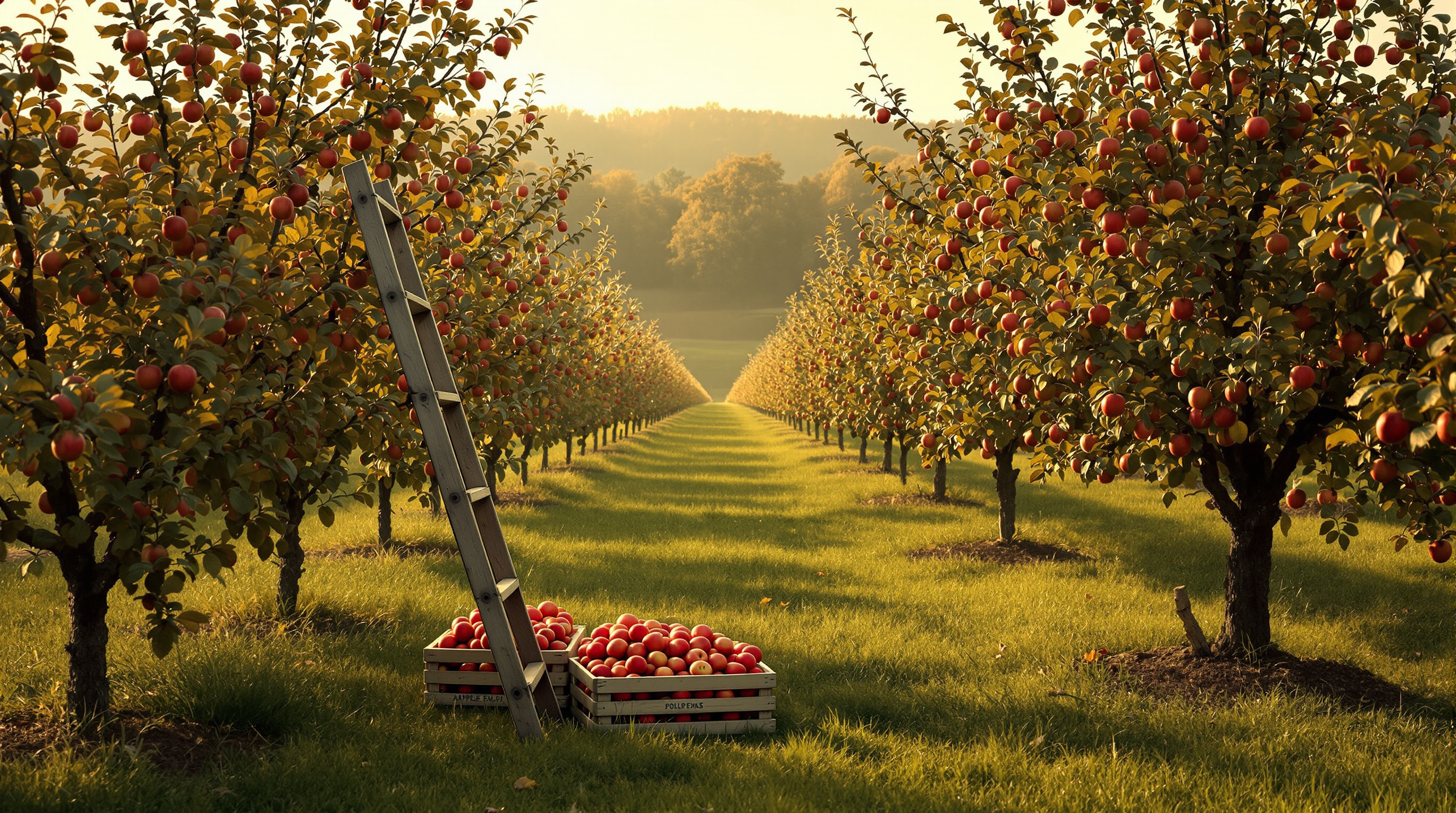 New England apple orchard in autumn with a wooden ladder leaning against a heavy-laden tree in soft afternoon light