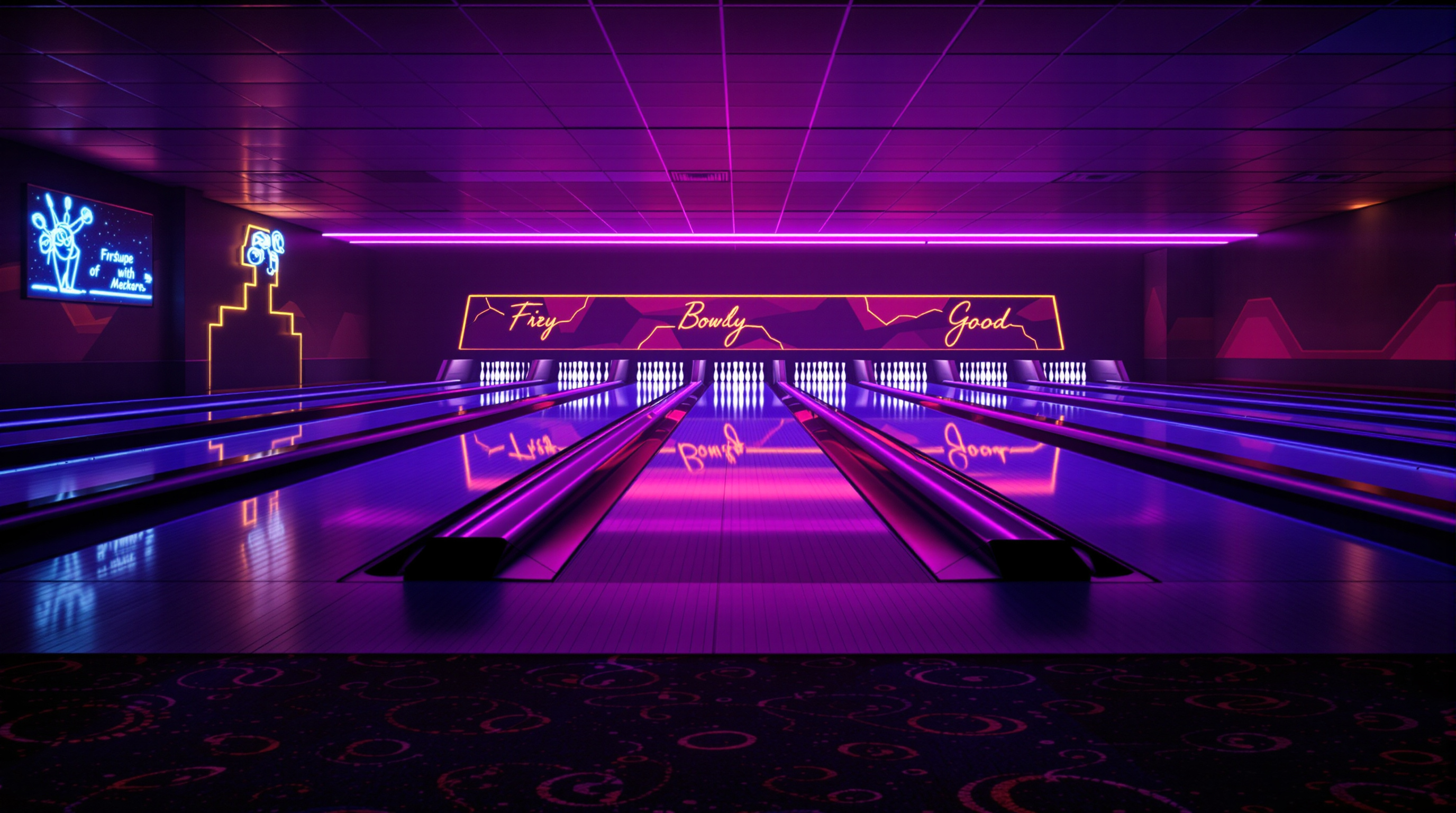 Retro bowling alley with glowing lanes and pins under moody purple and amber light